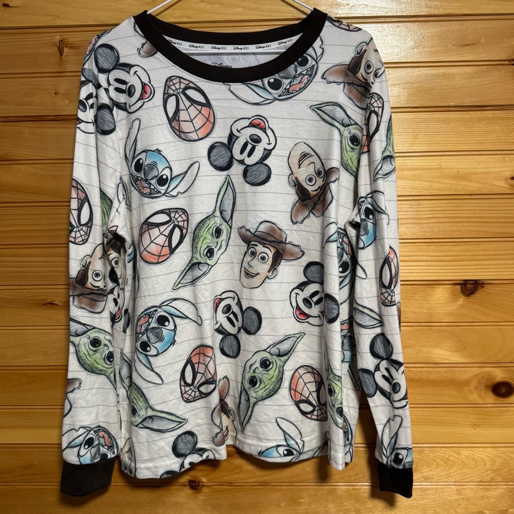 Disney 100 Long Sleeve Pajama Polyester Top Character Faces XL